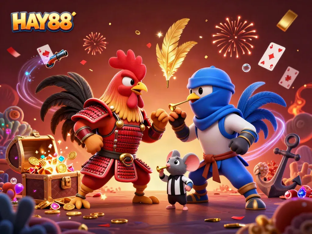 Engage with the HAY88 game's battling roosters in a vibrant digital showdown.