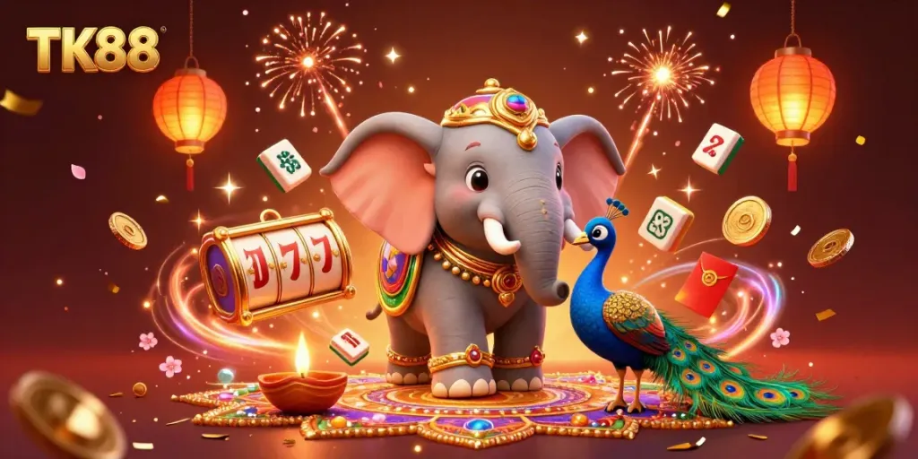 Win big with TK88 at this vibrant casino-themed illustration featuring elephants and festive imagery.