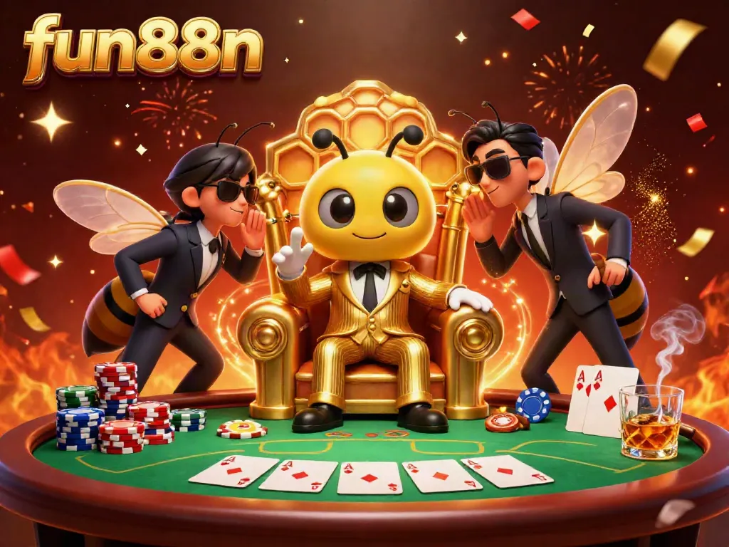 Join the fun88n poker scene with a bustling cartoon casino atmosphere and colorful characters.