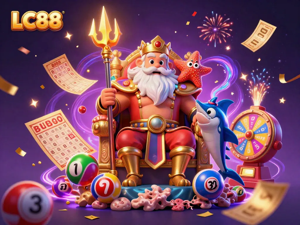 LC88 Lottery scene with Neptune and samurai amid colorful elements and excitement.