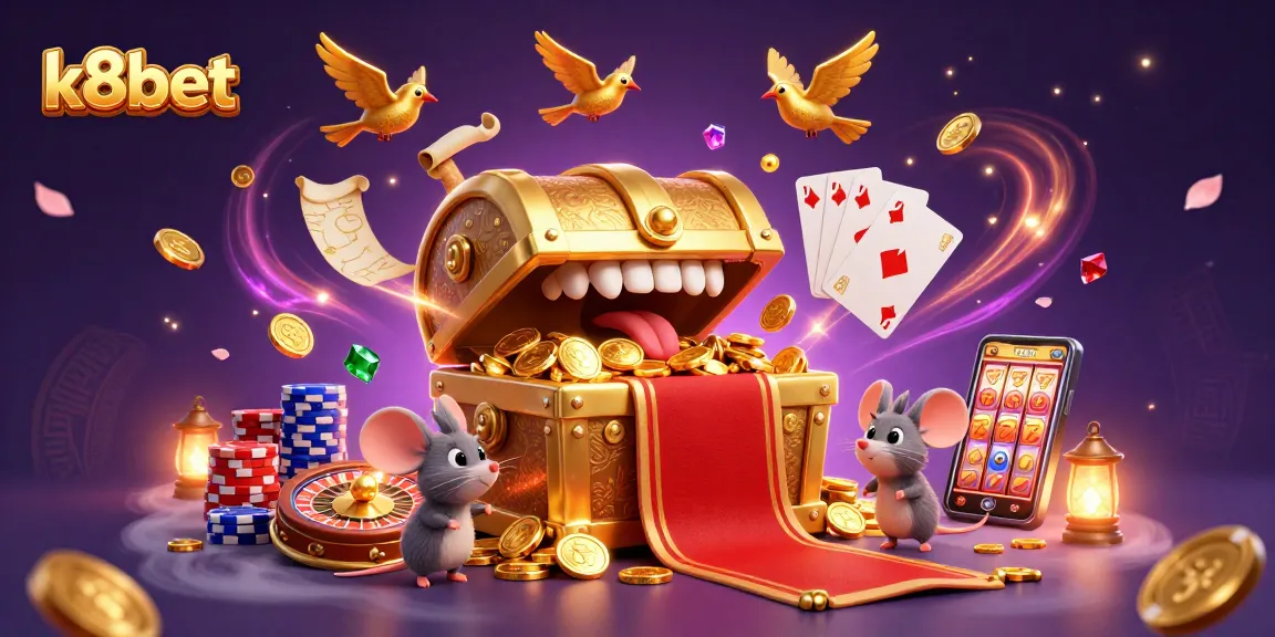 Experience the thrill of k8bet with an exciting treasure chest scene filled with casino elements.