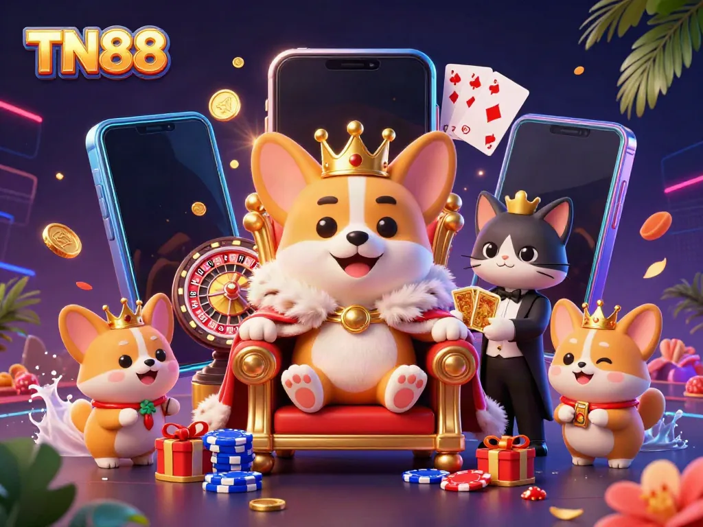 Experience the vibrant world of TN88 as 3D cartoon corgis celebrate with poker chips and slot games.
