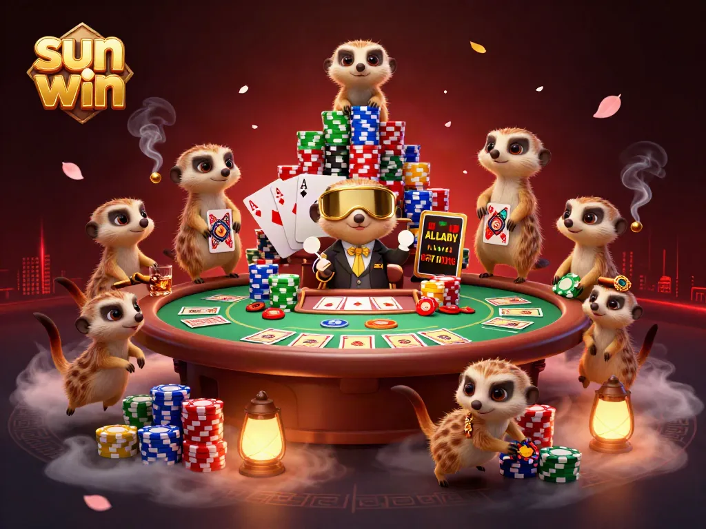 Sun win meerkats engaging in a colorful casino operation with poker elements