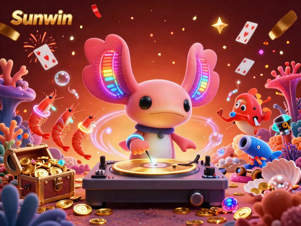 Experience the excitement of Sunwin with a vibrant underwater DJ party featuring glowing sea creatures and festive casino elements.
