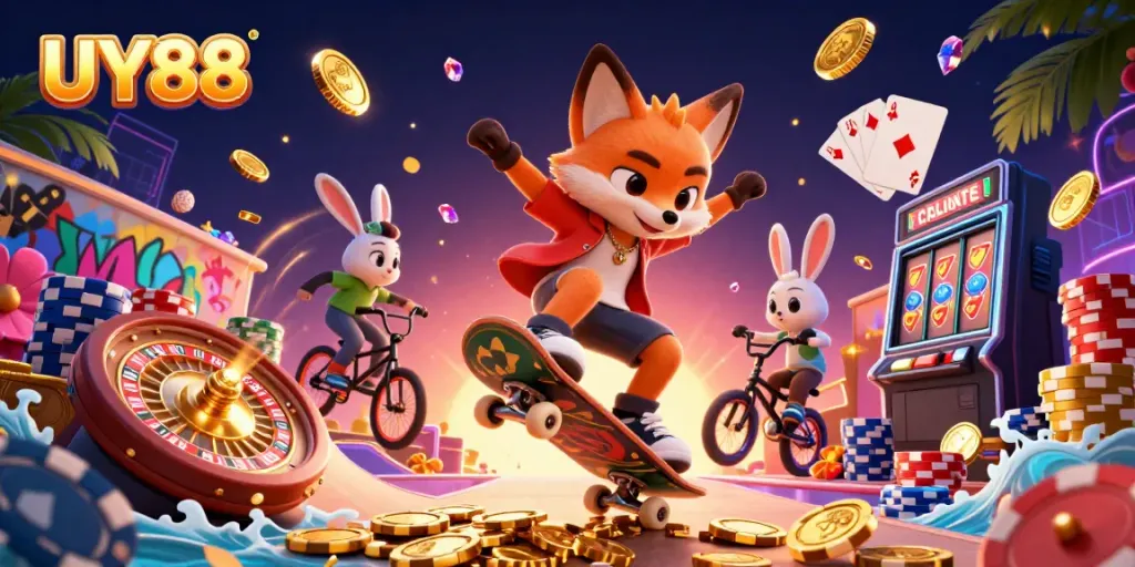 Experience the thrill of UY88 with a vibrant 3D casino scene featuring dynamic characters and game elements.