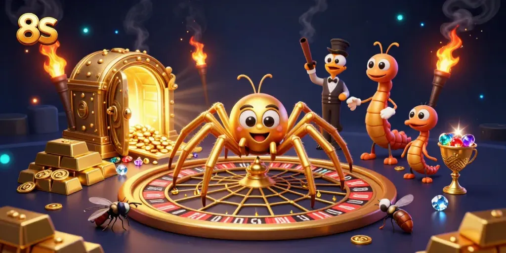8S players betting at a roulette-themed web, illustrated in a vibrant casino setting.