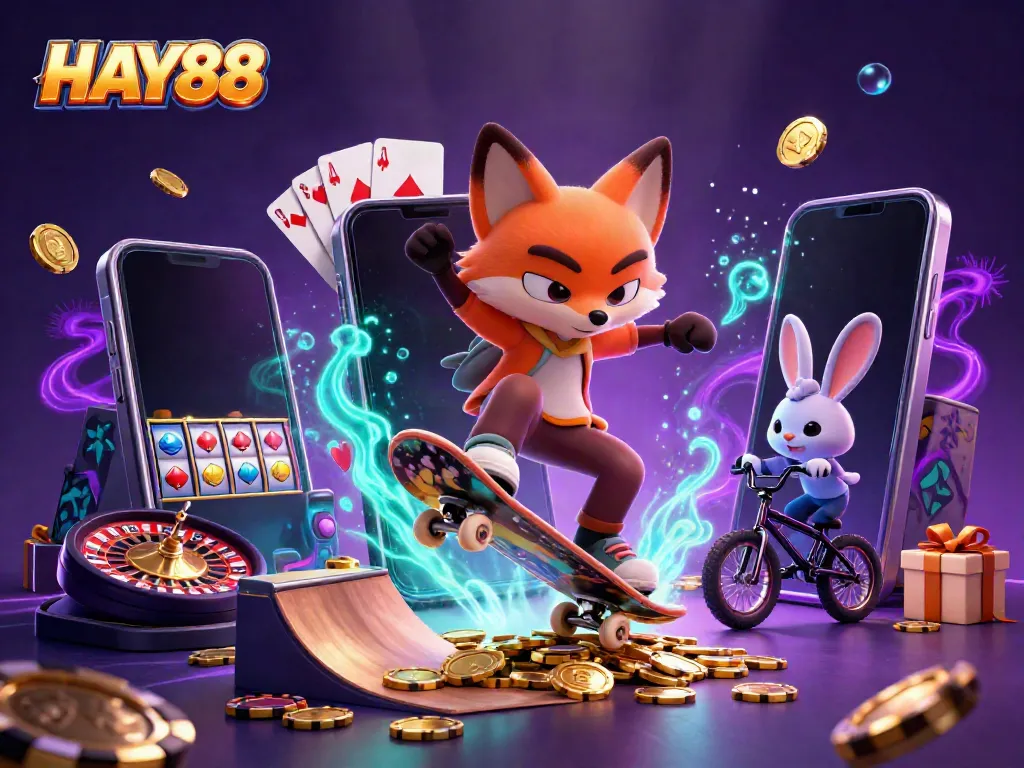 Experience HAY88 with vibrant casino-themed animation featuring a skateboarder fox and BMX rabbit.