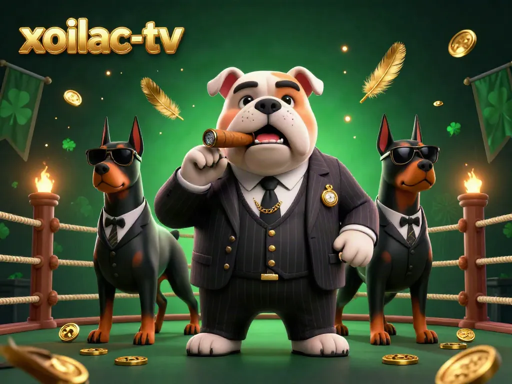 Xoilac-tv sports betting scene with mafia boss, bodyguard dogs, and vibrant casino elements.