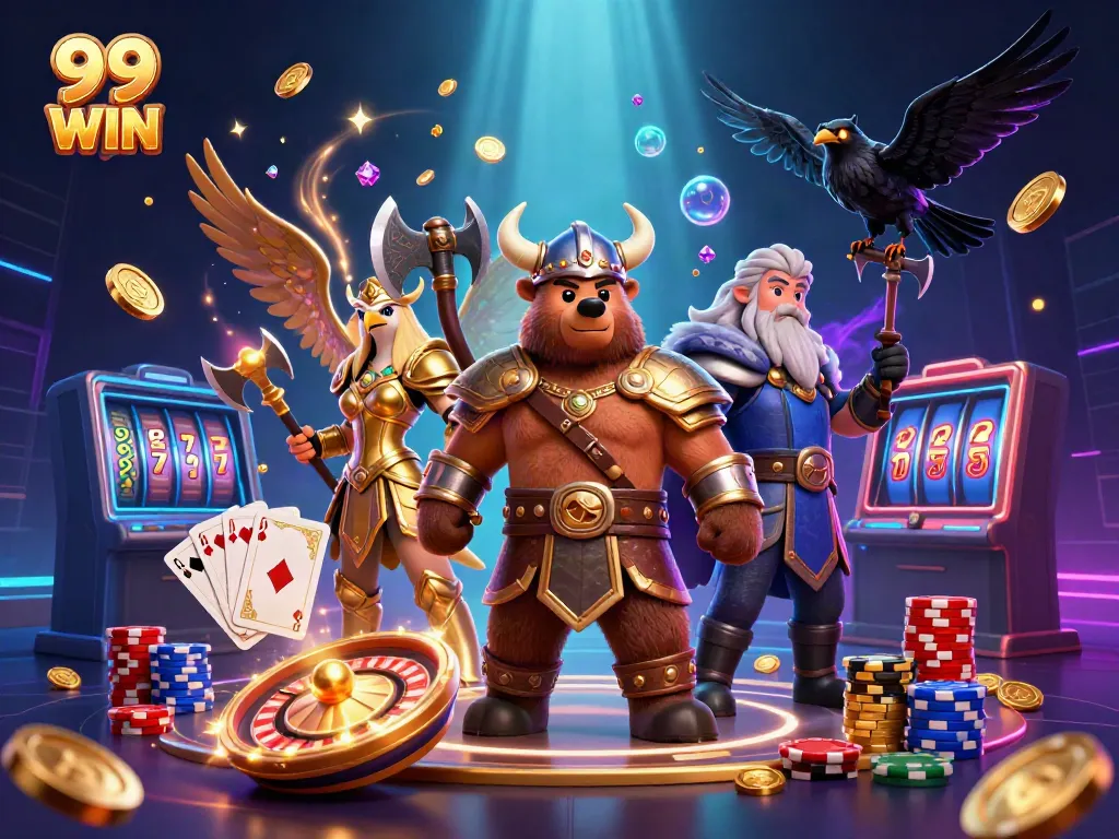 Experience the thrill of 99 WIN with a Viking berserker and Valkyrie eagle in an action-packed casino scene.