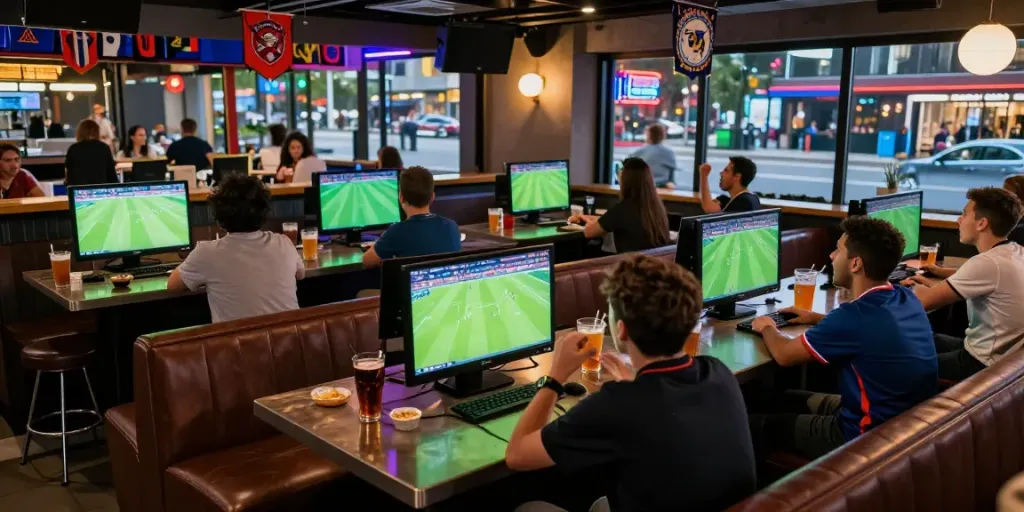 Fans enjoying live football matches at a sports bar with Gavangtv streaming.