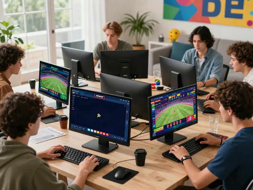 Enthusiasts enjoying online betting on DEBET with vibrant sports graphics and modern devices.