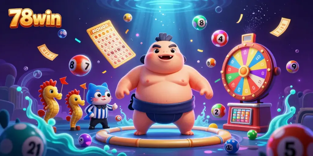 Engage with 78win's vibrant underwater casino scene featuring a fugu in a sumo outfit with lively game elements.