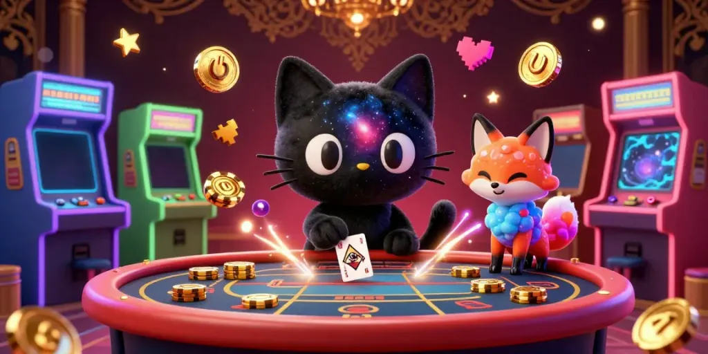 Experience the allure of JD88 with a cartoon black hole cat at a cosmic casino, surrounded by vibrant gaming elements.