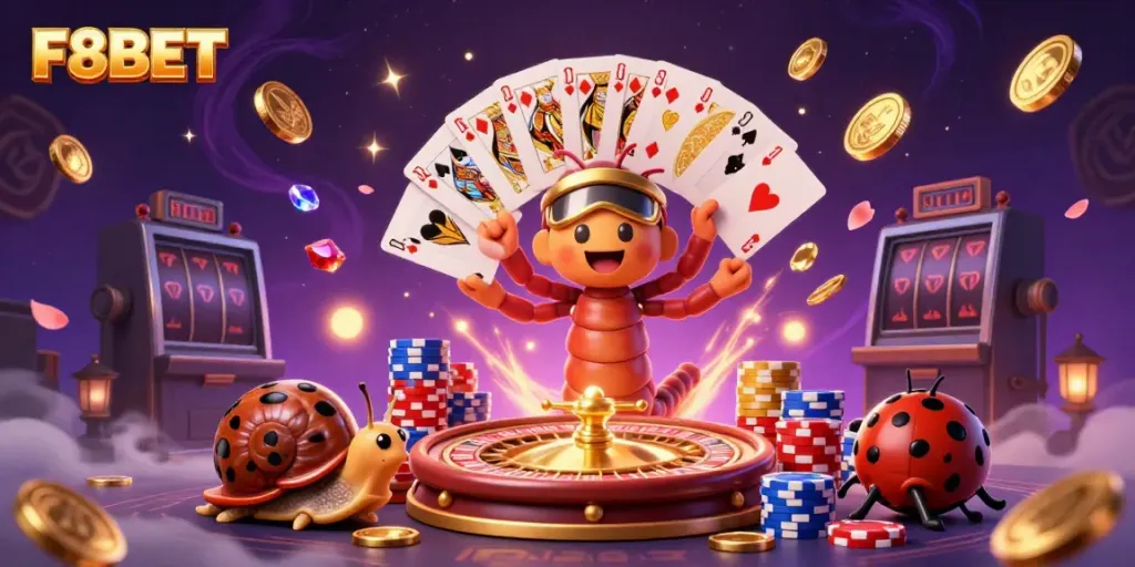 Experience high-stakes gaming at F8BET with a vibrant illustration of a casino scene