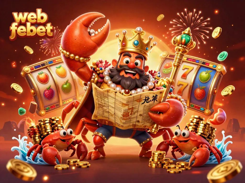 Engaging players with web febet as the golden crab emperor presides over a vibrant slot game celebration.