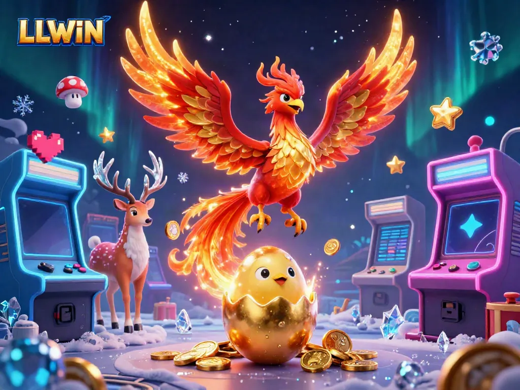 Experience the excitement of LLWIN, where a fiery phoenix soars above vibrant gaming elements