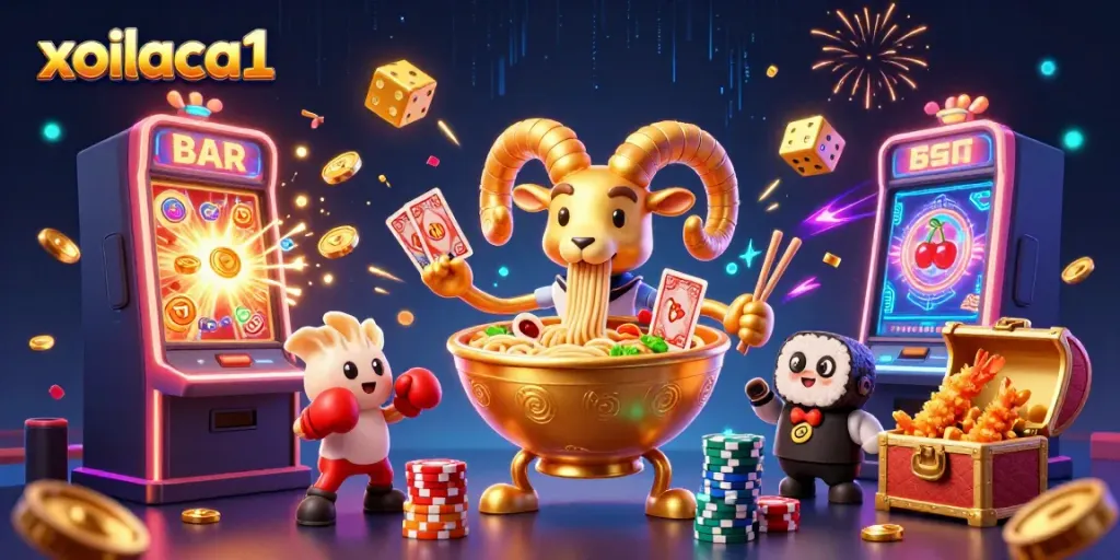 Experience vibrant gaming with xoilaca1's cartoon characters in a lively casino-themed scene.