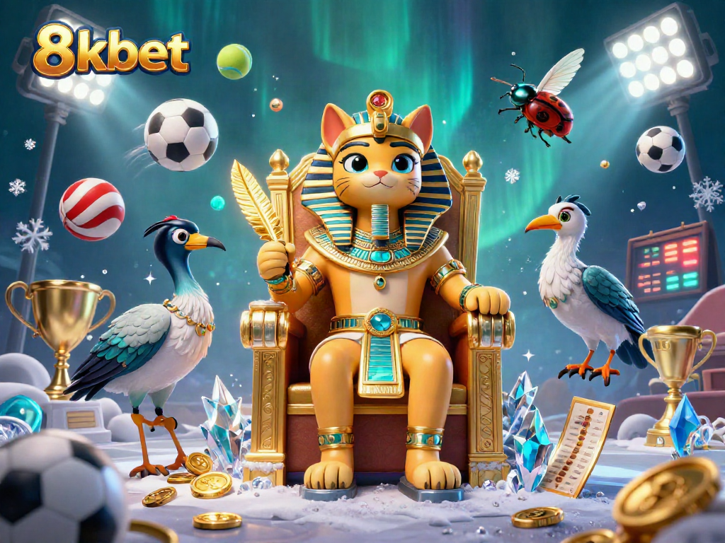 Experience thrilling bets with 8kbet; vibrant pharaoh cat directs exhilarating sports action.