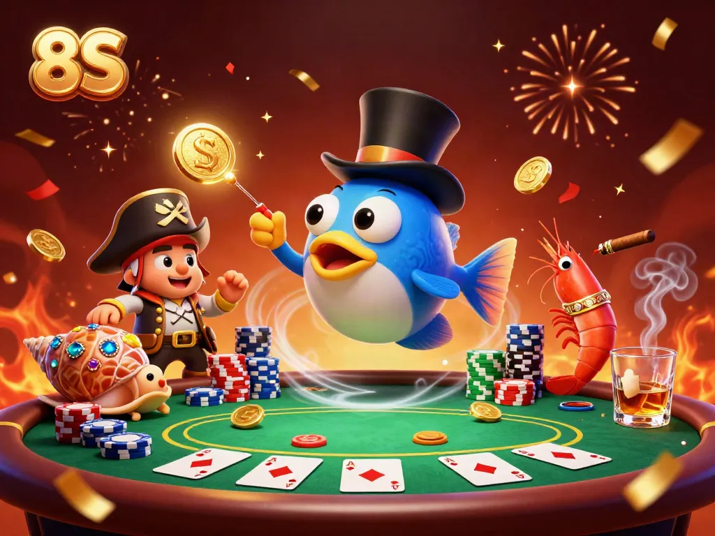 Experience the excitement of 8S with glowing treasures and thrilling poker elements in this lively casino scene.