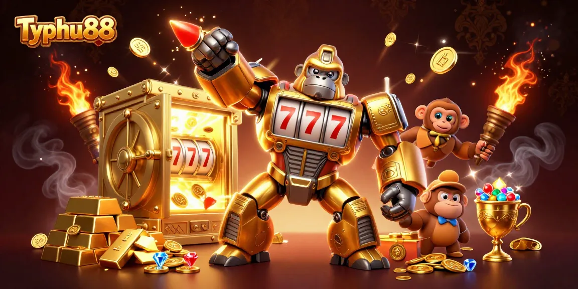 Typhu88 games explode with excitement as a golden gorilla mech bursts through riches, showcasing winning potential.