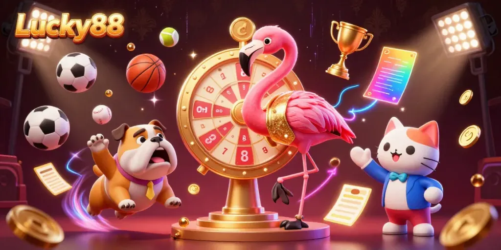 Experience the excitement of Lucky88 with a vibrant game show scene featuring a flamingo, bulldog, and trophies.