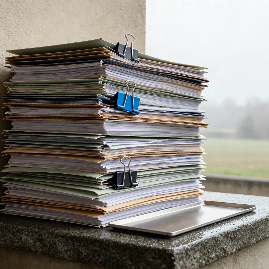 Low-angle stack of folders, clips, cables and tray on stone with soft morning light.