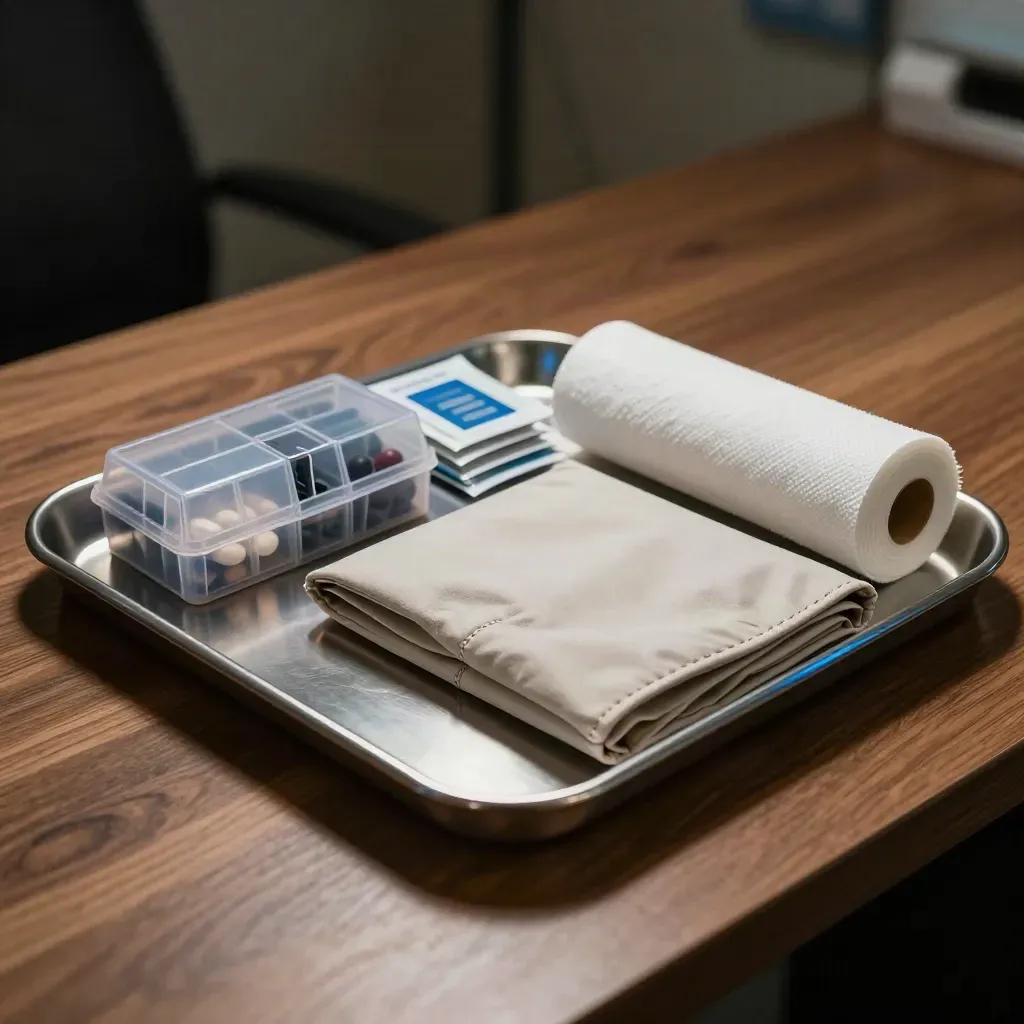 Healthcare admin tray, pill sorter, and supply pouch on a walnut surface