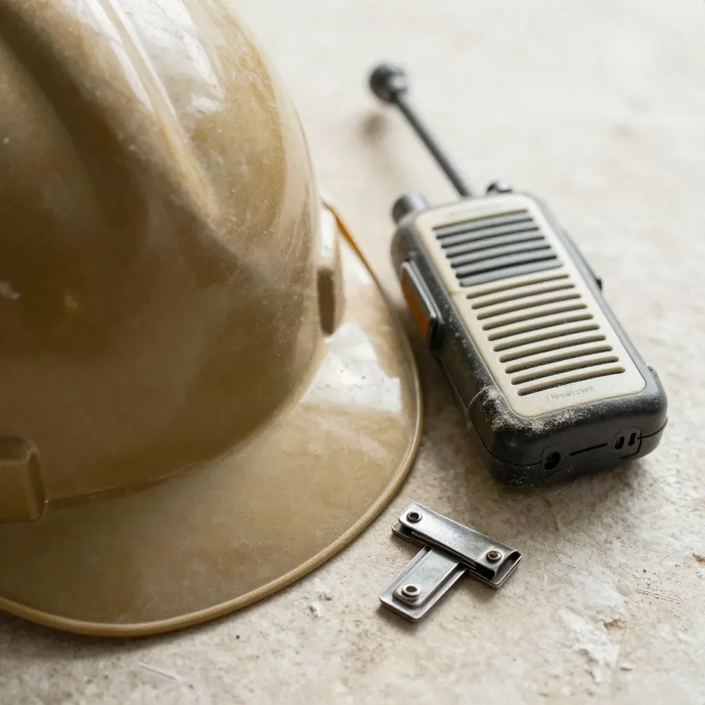 Top-down macro of a khaki hard hat, steel clips and a site radio on dusty stone.