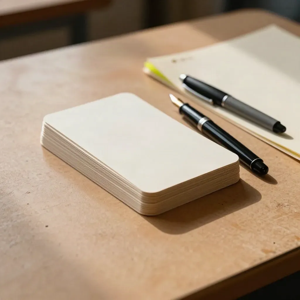 Blank flashcards, fountain pen and tab file on a terracotta desk in soft daylight.