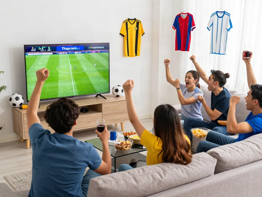 Viewers enjoying a live football match on Thapcamtv in a cozy living room.