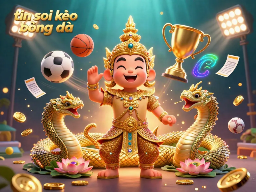 Experience the thrill of betting with tin soi kèo bóng đá highlighted by a dynamic 3D illustration featuring sports elements, guardians, and winning trophies.