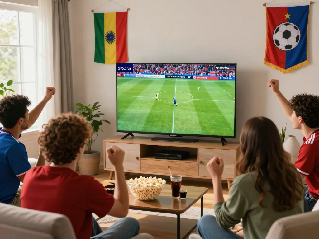 Fans enjoying a live soccer match on Socolive with excitement and snacks.