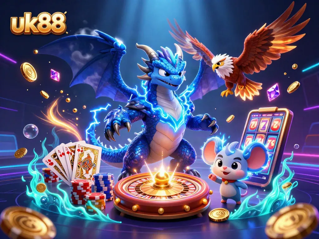Spin the reels and win big at uk88, featuring vibrant dragon and dynamic casino elements.