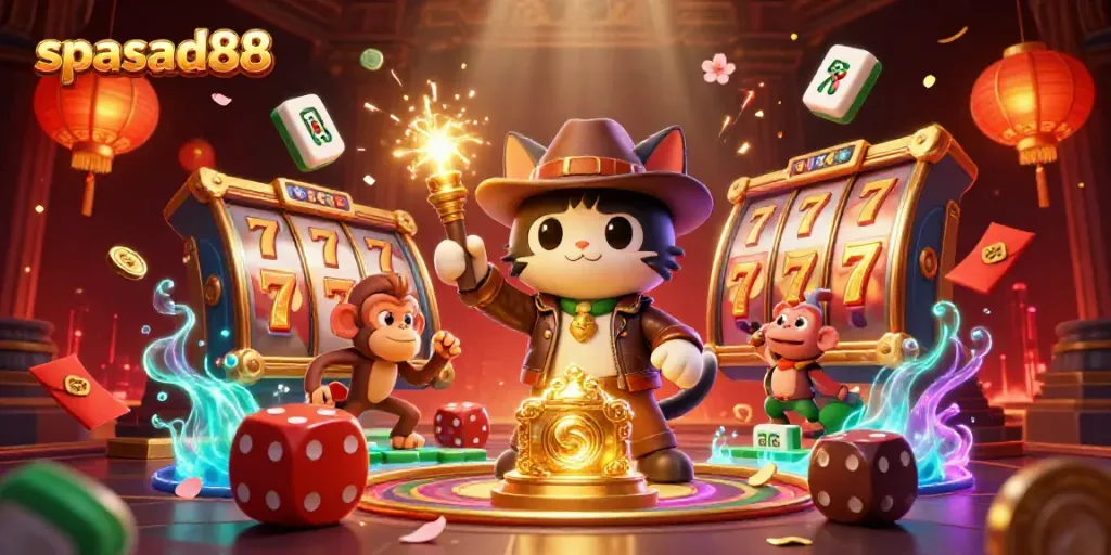 spasad88 spotlight showcasing 3D cartoon characters uncovering casino treasures in vibrant temple.