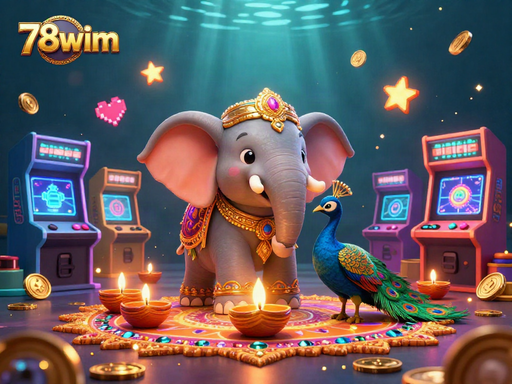 Engage with the vibrant universe of 78wim featuring a colorful elephant and gaming elements.