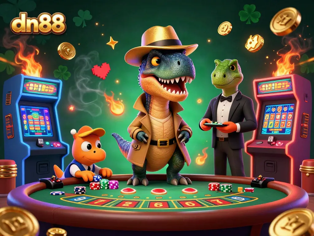 Experience thrilling gameplay with dn88 featuring cartoon dinosaurs amidst vibrant casino elements.