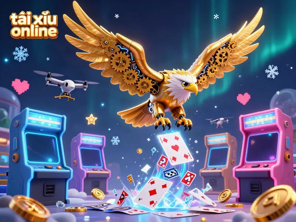 Tài xỉu online with a cybernetic golden eagle surrounded by arcade game elements and dynamic holographic cards.