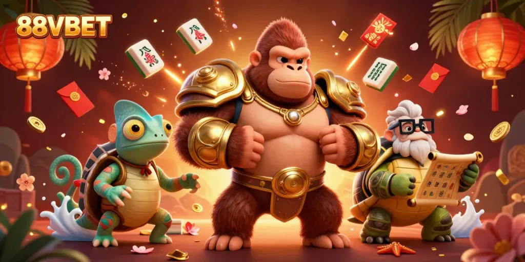 Experience the excitement of 88VBET with gorilla king and colorful gambling symbols.