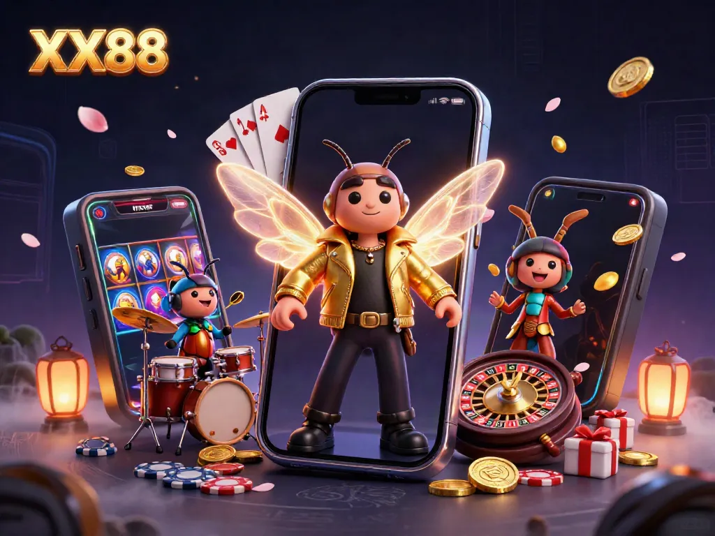 Engage with XX88's lively gaming scene, featuring a cicada rock star and vibrant gaming elements.