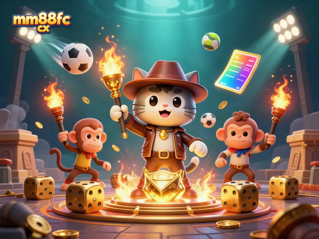 Experience the thrill of mm88fc cx with a vibrant online casino scene showcasing a cat archaeologist and dynamic sports elements.