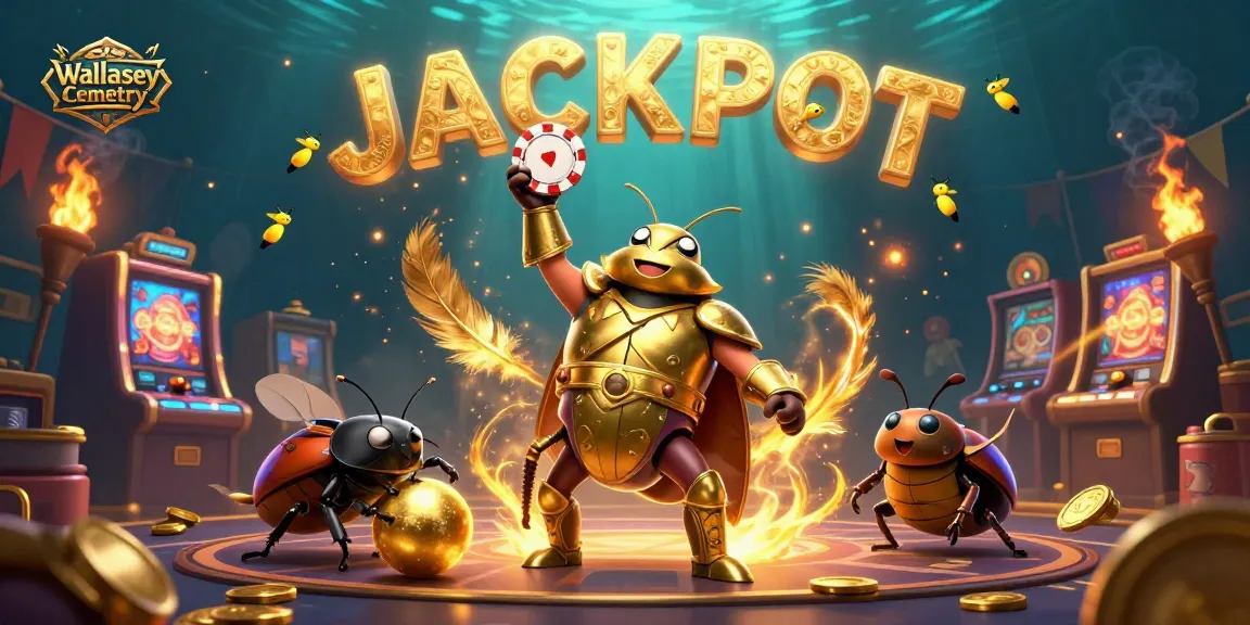 Experience big wins at Wallasey Cemetery in this vibrant casino scene with a hercules beetle champing a jackpot.