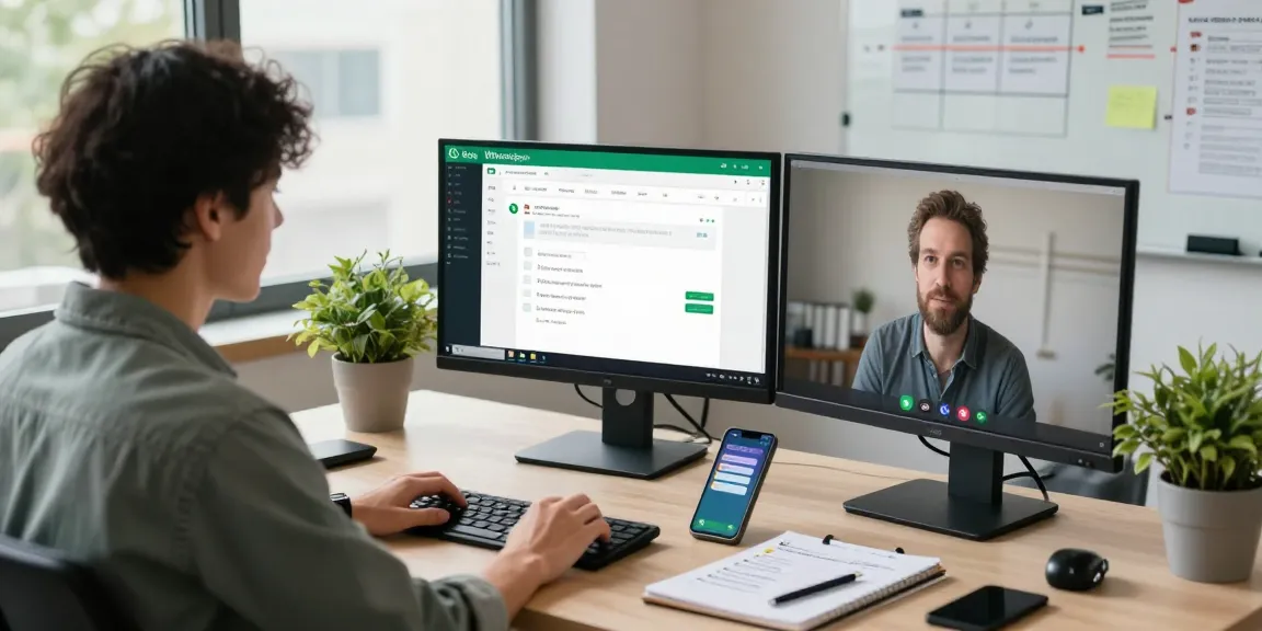 Person using WhatsApp電腦版 in a modern office setting with dual monitors and vibrant workspace.