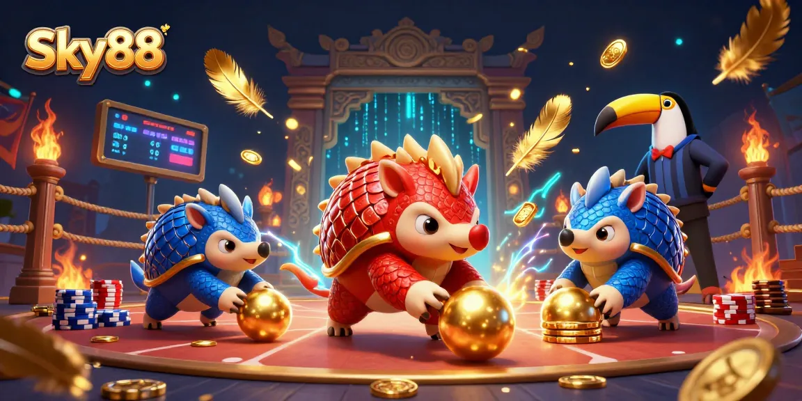 Sky88 pangolins compete in a thrilling casino showdown, rolling dice among vibrant poker chips.