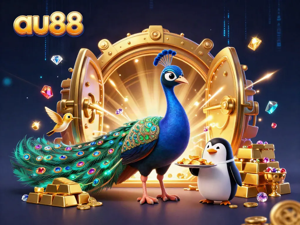 Experience the excitement of au88 with peacock and penguin as treasure bursts forth in this 3D casino illustration.