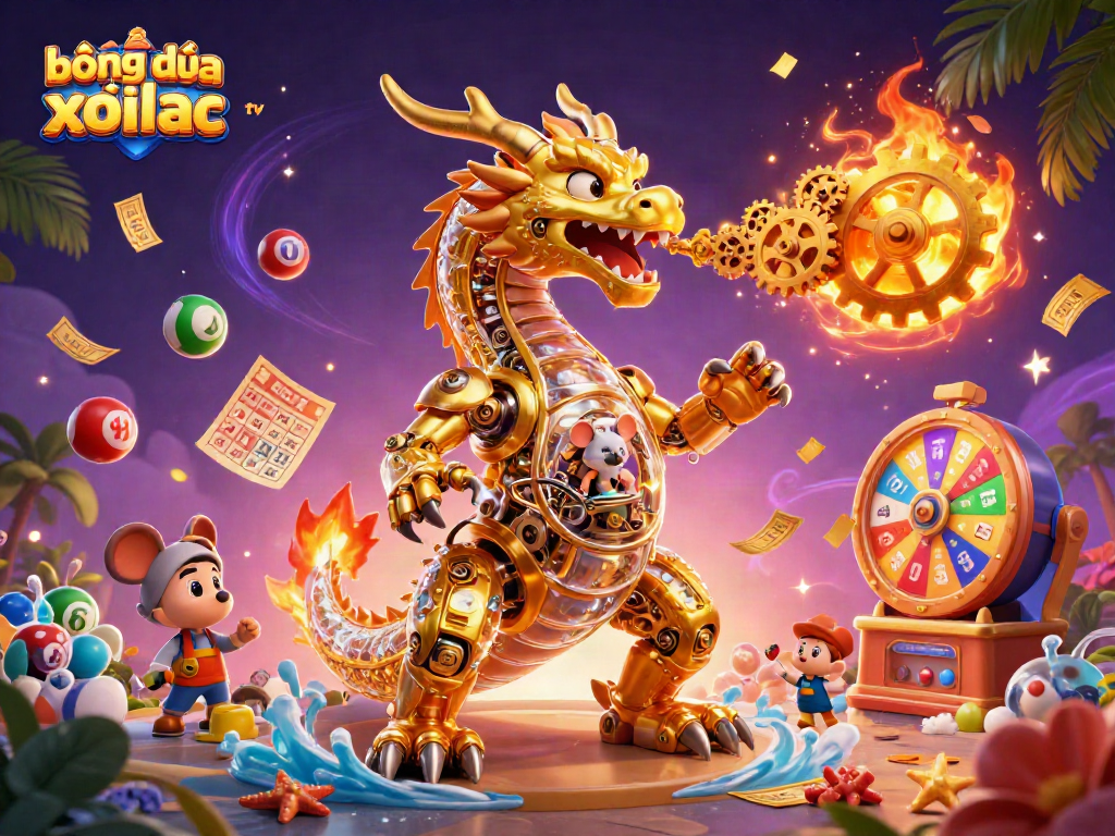 Engaging illustration of bóng đá trực tuyến xoilac tv with dynamic lottery elements and a golden dragon.