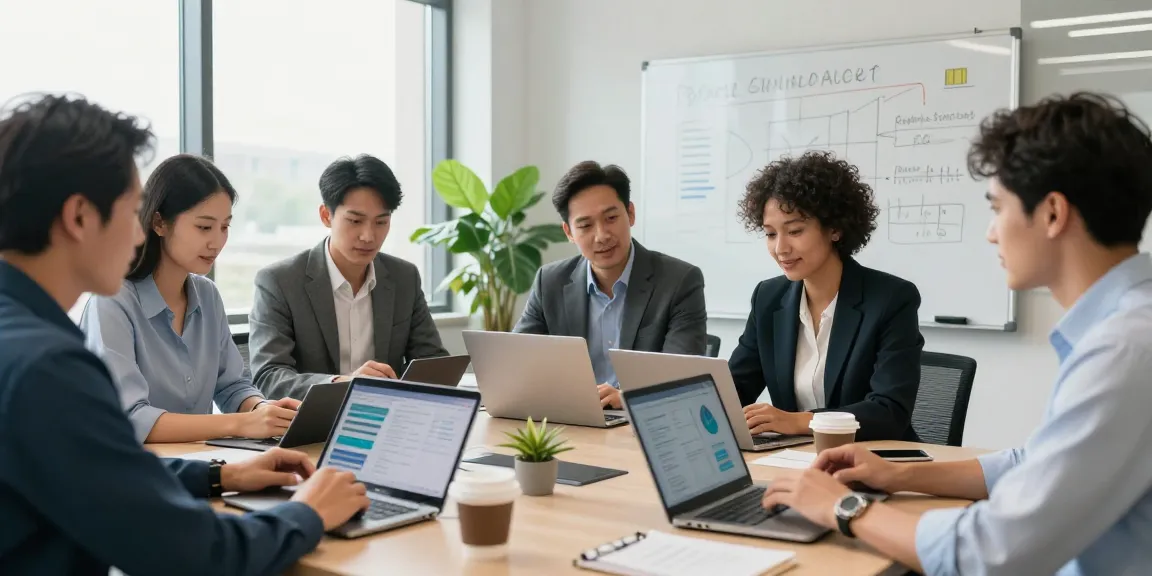 Business team discussing bolt ons for mobile solutions in a modern office.