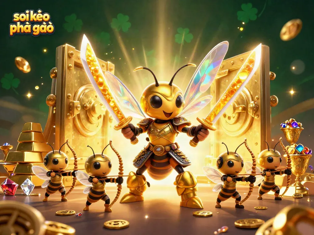 Soi kèo phạt góc visualizing casino excitement with golden hornet and treasure elements.