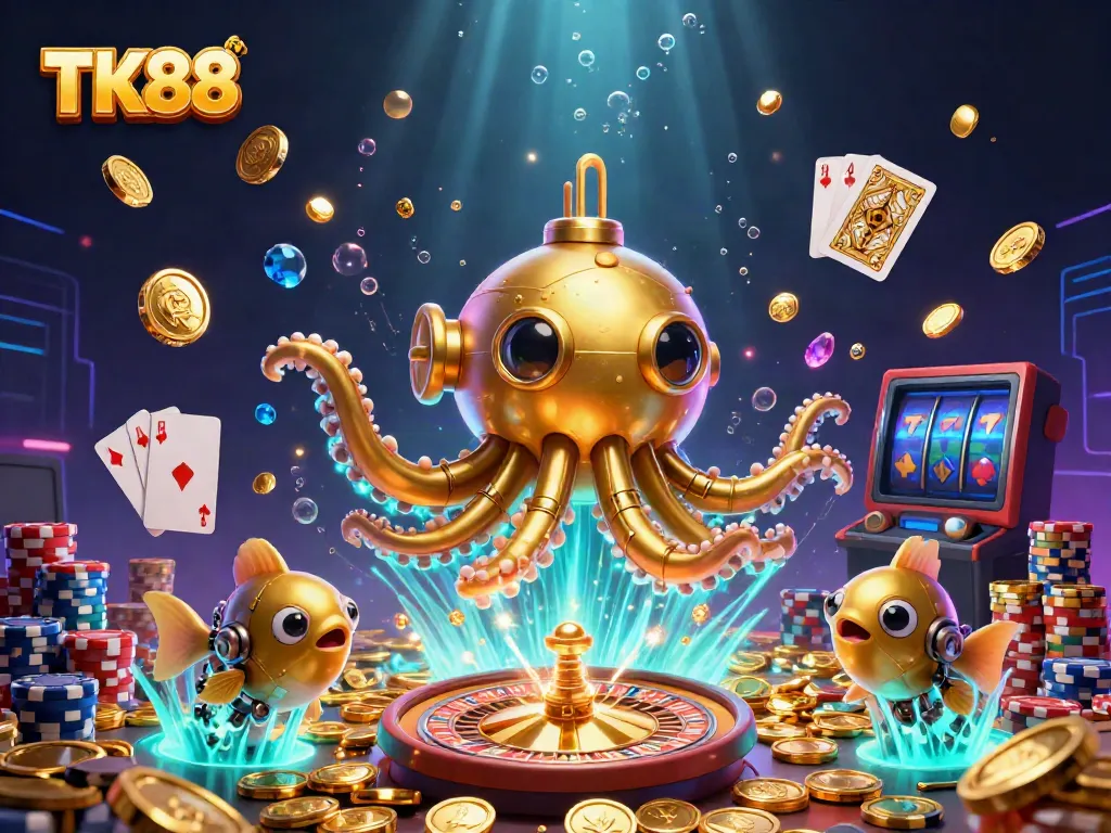 Experience the excitement of TK88 with a dynamic underwater casino scene filled with gold coins, roulette wheels, and engaging gameplay elements.