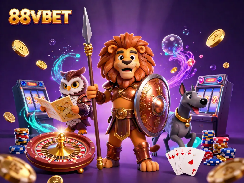 Experience thrilling gaming with 88VBET, featuring vibrant casino elements and animated characters.
