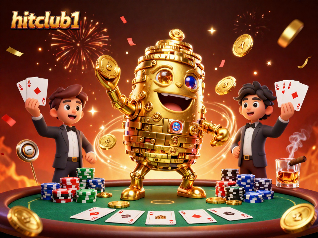 Join the excitement at hitclub1 with a vibrant poker scene featuring a golden golem and festive elements.